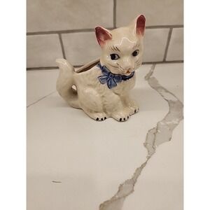 Vintage Japan White Kitty Cat Small Ceramic Planter Blue‎ Bow Hand Painted